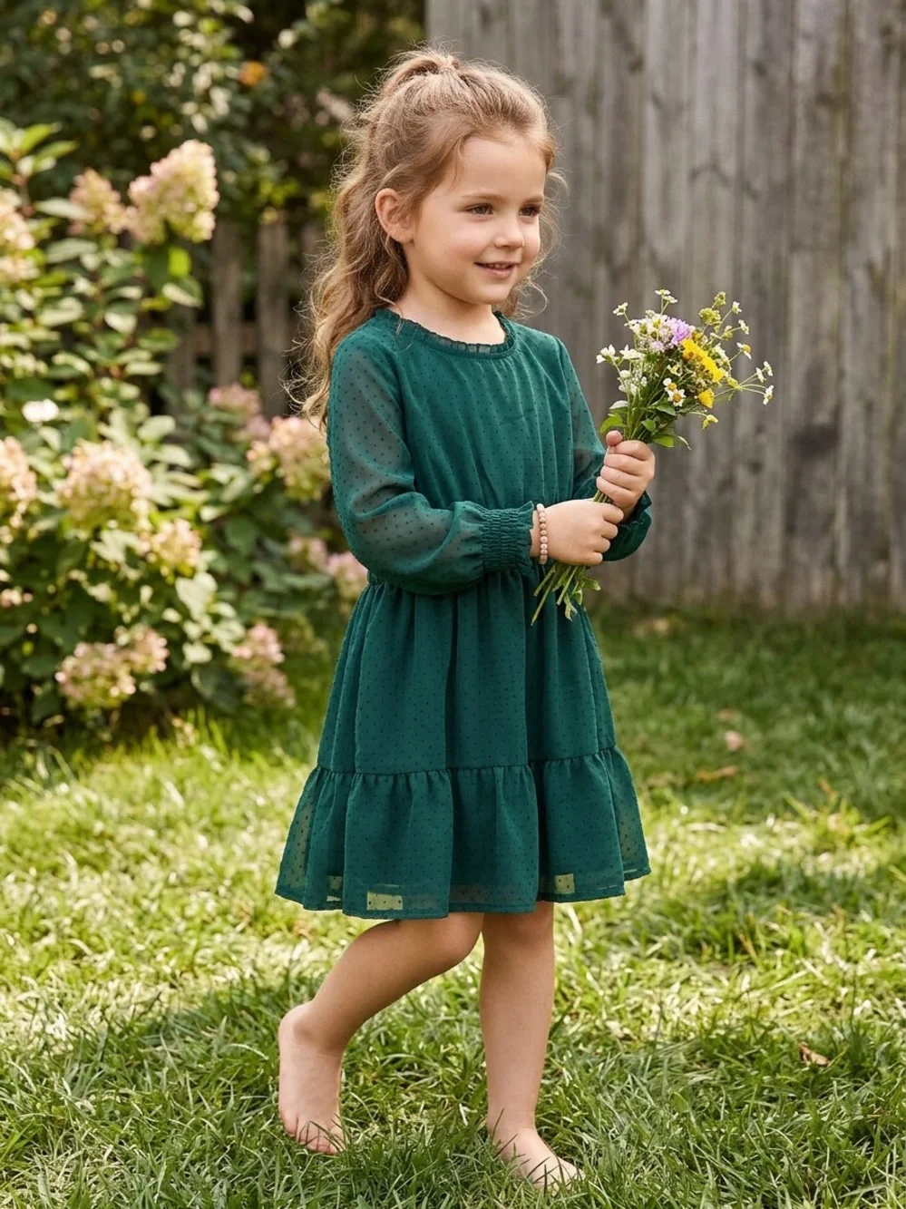 Carter's Emerald Green Long-Sleeve Dot Chiffon Dress